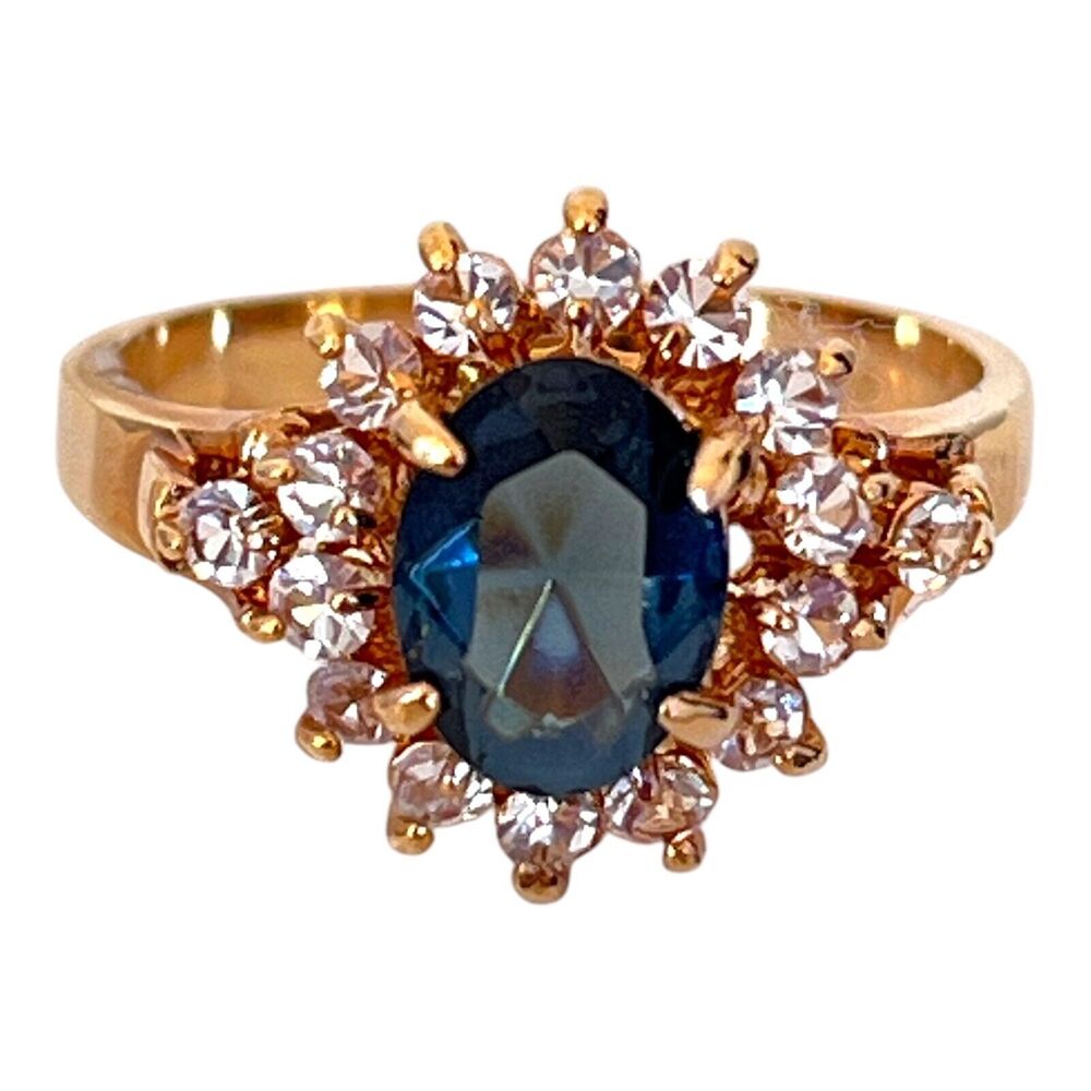 Vintage 1980s Crystal Cluster Ring Size 7 Blue Austrian Crystal Gold Plate - 10N